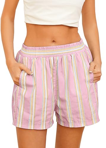Image of MISSACTIVER Women Striped Boxer Shorts Elastic High Rise Pajama Bottoms Casual Lounge Shorts with Pockets Sleepwear
