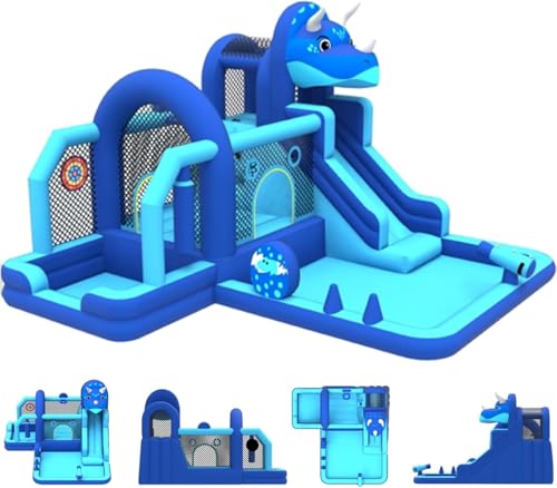 Bounce House, Inflatable Dinosaur Bouncer with Slide and Air Blower, Oxford Cloth Jumping Castle for Kids, Durable Sewn Bouncy House with Large Play Area for Backyard, Indoor & Outdoor, Blue
