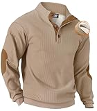 VOGSTART Herren Western Pullover Kuschelig Herbst Hemden Klassisch Winter Dicker Stehkragen Viertel Warmer Cord Geripptes Fleece Gefüttert Stretch Thermal Ellbogen Patches Pullover Khaki - Streifen XL