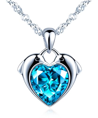 CPSLOVE Elégant Collier Pendentif Cœur en Argent 925 pour Femmes Filles Créatif Pendentifs de Dauphin - Cœur Mode Colliers de Zircon Bleu Océan avec Chaîne de 45cm