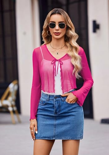Image of Avidlove Womens Sheer Shrug Tie Front Long Bell Sleeve Mesh Bolero Lightweight Summer Casual Short Shawl Top