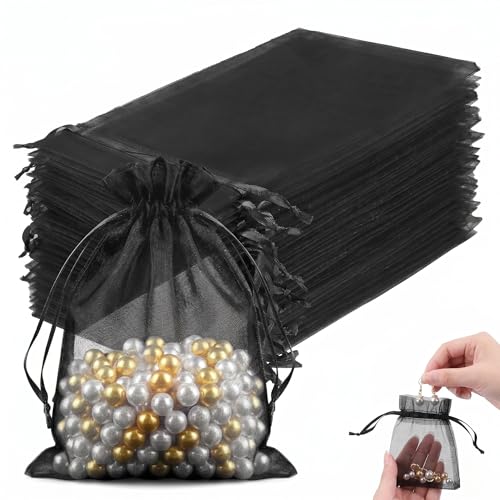 50 Bolsas de Organza 10x15cm Negras, Bolsitas de Tela Pequeñas con Cordón para Regalos, Joyas, Detalles de Boda, Comunión, Bautizo y Dulces, Saquitos de Tul para Embalaje