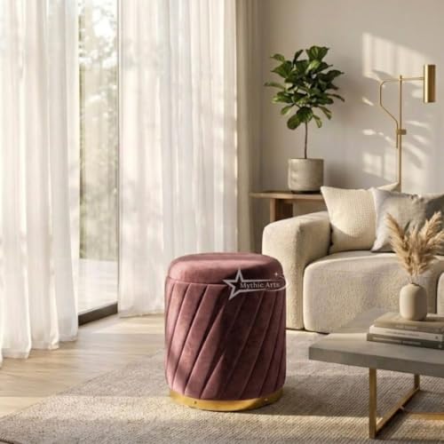 Image of Mythic ArtsRound Upholstered Sitting Stool & Footrest Velvet Storage Ottoman Pouffe16 X 16X 19 inch | Versatile Puffy for Living Room, Bedroom, and Office ? Chic Home Furnishings & Dcor Pink