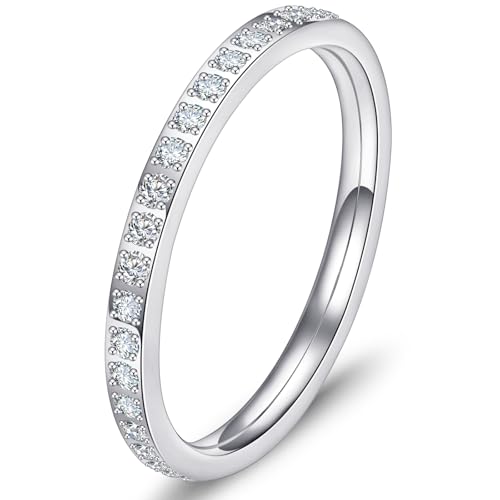 Wedding Bands Promise Rings for Women: 18K Gold Plated Stainless Steel CZ Simulated Diamond Eternity Band Stackable Engagement Ring 2mm Thin Jewelry Silver Rose Gold Size 5 6 7 8 9 10 - Main Image