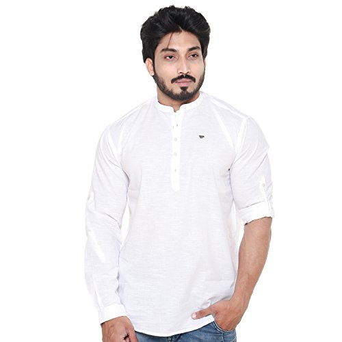 Image of Men's Linen Chinese Collar Full Sleeve Plus Size Short Kurta