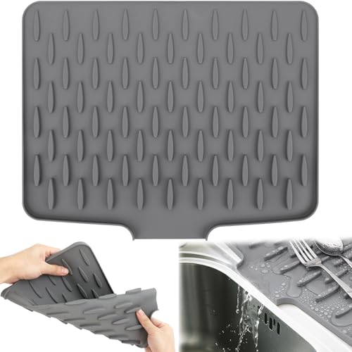 RZCOMP Silicone Draining Mat Silicone Dish Drying Mat Non-Slip Sink Drainer Mat No-Spill Mat & Heat Resistant Folding Draining Board Mat for Campervan Kitchen Counter Sink (Grey)