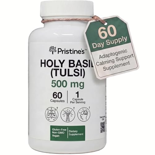 PRISTINES Holy Basil Capsules - 500 mg Gluten Free Immunity & Relaxation Support Adaptogen Supplement - 60 Day Supply - Tulsi Holy Basil Leaf Extract Capsules - Vegan - Non-GMO