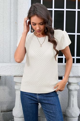 Image of Cakulo Summer Crochet Tops for Women Ruffle Cap Short Sleeve Crew Neck Knit Hollow Out Casual Spring Sweater Top