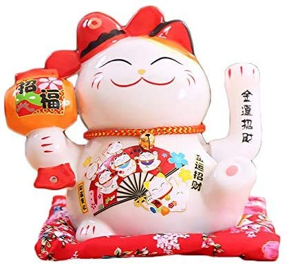 Chińska porcelana Feng Shui Biała figurka kota machającego na szczęście z ruchomym ramieniem Ceramiczna statuetka Maneki Neko machającego kota na szczęście do dekoracji biura domowego i sklepu 16x14x