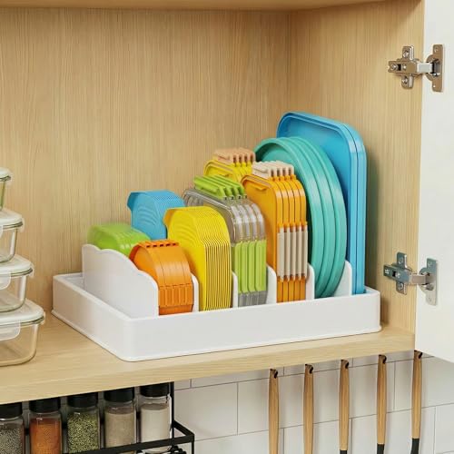 Lifewit Kitchen Cabinet Organizer for Food Contanier Lid, Lid Holder with 6 Adjustable Dividers & 7 Sections for Pantry Organizers and Storage, Home Drawer Organization, Large, 13" x 10"