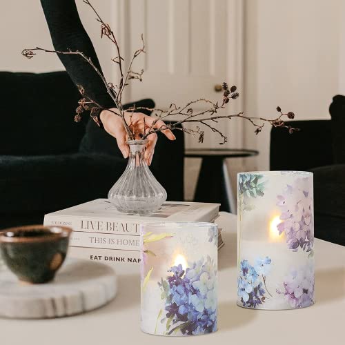 Image of Blue Hydrangea Flameless Candles, Decorative LED Candles Flickering with Remote Timer, Battery Operated Real Wax Candles for Birthday Party Love Decor, Set of 3