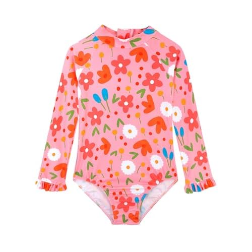 Long Sleeve One Piece Ruffle Swimsuit for Toddler Girls Baby Girl Rashguard Shirt with UPF 50+ Sun Protection Pinkplant 4-5T