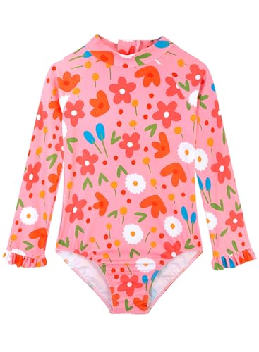 Image of Alakuoti Long Sleeve One Piece Ruffle Swimsuit for Toddler Girls Baby Girl Rashguard Shirt with UPF 50+ Sun Protection
