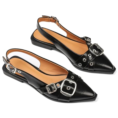 Women's Slingback Flats Closed Pointed Toe Low Heel Dress Flat Shoes Buckle Pathent Leather Ballet Flats for Women 2025 Comfrotable Work