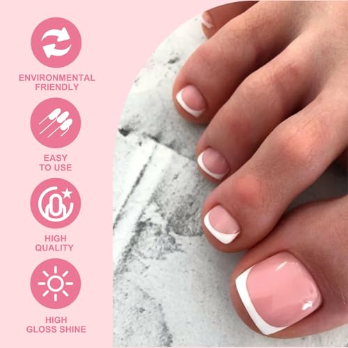 French Fake Toe Nails Set - 120PCS Short Square False Toenails Kit With Glue - White French Tip Pink Stick On Toenails - Glossy Full Cover Acrylic False Toe Nails For Women Girls Nail Art DIY Gift - Image 2