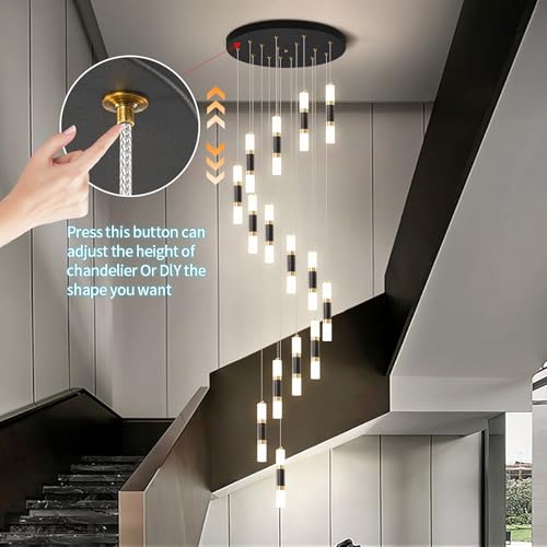 Nowoczesny loft z pilotem zdalnego sterowania, ściemniana akrylowa oprawa oświetleniowa schodowa, regulowane kolumny 30 cm i łańcuch 299 cm, 18 lampek 90 W do foyer, willi, wejścia - elegancki czarny