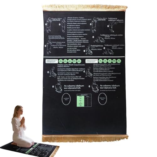 Generisch Gebetsteppich Zum Lernen Zweisprachige Gebetsmatte interaktive geführte muslimische Gebetsmatte faltbar und rutschfest islamisches Geschenk für Zuhause und Reisen (Schwarz 50x90 cm)