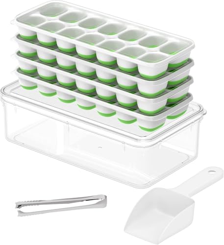 Image of ChefAide Ice Cube Tray with Lid and Bin, 4 Packs 56 Cubes Silicone Plastic Ice Cube Trays for Freezer, Stackable Ice Tray with Container, Ice Scoop,Ice Tong for Drinks, Coffee and Cocktails Green