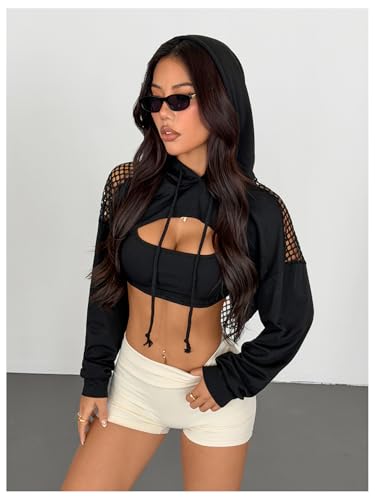 Image of SweatyRocks Women's Casual Solid Cut Out Front Long Sleeve Pullover Crop Top Sweatshirt, Solid Black, Large