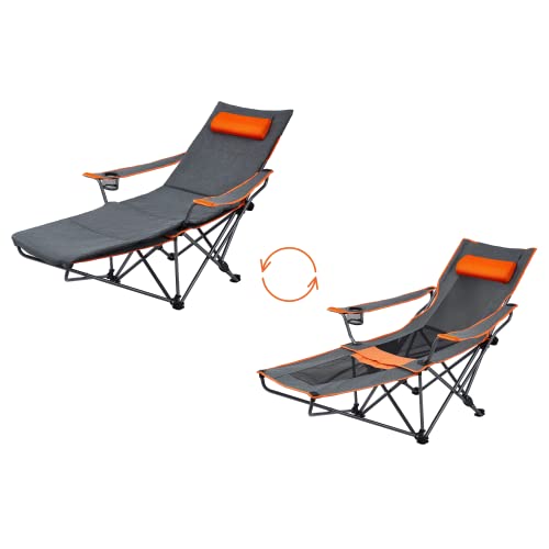 Suntime Adjustable Reclining Lounge Mesh Chair, Portable Folding Camping Chair With Removable Cotton Cushion, Footrest, Sponge Pillow, Cup Holder, Side Pocket, Carry Bag - Orange #TOP3