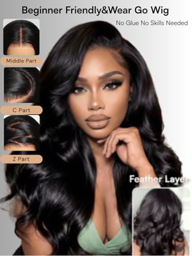 Image of Beauty Forever Bye Bye Knots 7x5 HD Lace Body Curl Wig Human Hair with Feathered Layers & Invisi Drawstring,180% Density Natural Black Blowout Wig Soft C-Shape Ends Glueless Pre-Cut Lace Wig 16inch