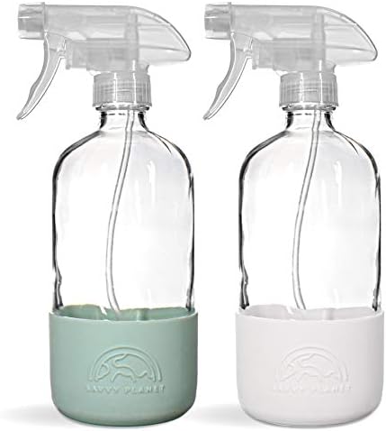 SAVVY PLANET - Glass Spray Bottles for Cleaning, Silicone Sleeve Bottom for Protection, Reusable Glass Spray Bottles 16 Oz With Adjustable Nozzle Settings (2 Pack)