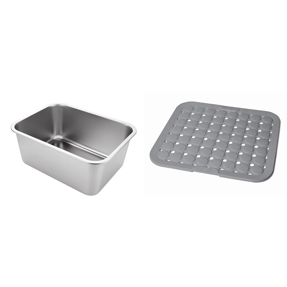 ASelected Washing Up Bowl, 304 Stainless Steel Large Rectangular 10 Litre Washing Basin, Dishtub & Addis 518446 Sink Liner Soft Cushion Protection Kitchen Mat, Light Grey, one size