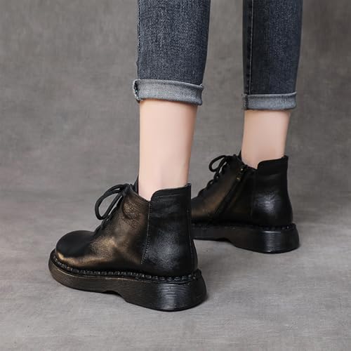 Women's Genuine Leather Lace Up Side Zipper Ankle Boots Retro Round Wide Toe Comfort Wear Resistant Platform Chunky Heel Adds Height Fashion Combat Short Boots4