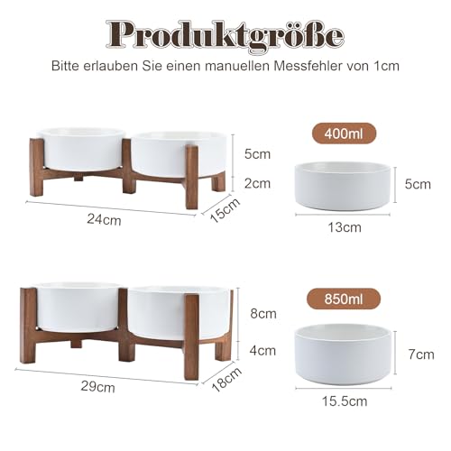 SPUNKYJUNKY Hundenapf Keramik Doppel Hund Futternapf Erhöhte Napf mit Akazienholz Ständer für Katzen und Hunde(850ml, Weiß)