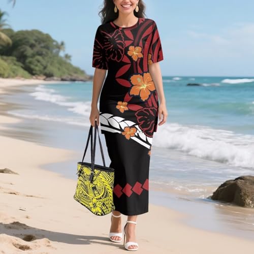 Image of Puletasi Samoan Traditional 2 Piece Outfits for Women Short Sleeve Crop Top and Maxi Skirt Sets Puletasi Dress