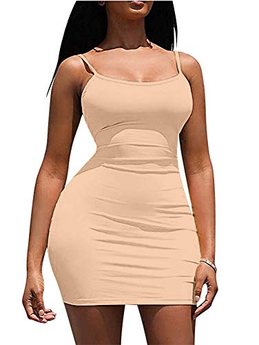Lcnba Sexy Spaghetti Strap Tank Dress Basic Backless Bodycon Club Party Mini Dress Khaki #TOP1