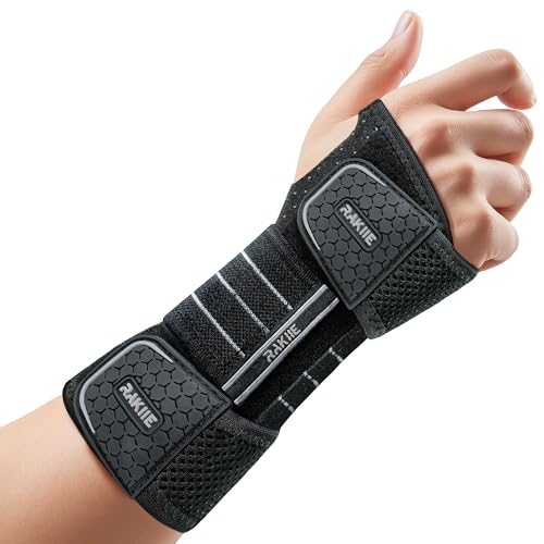 Rakiie Reposamuñecas, Muñequera Nocturna Ajustable con 3 Rieles Metálicos, Riel de Mano para Hombres y Mujeres, Sin Presión en el Pulgar, Estabilizador de Riel, Gris, Mano Derecha, S