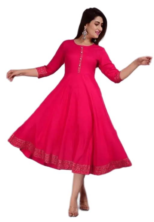 Women's Flared Midi Dress with Embellished Border, 3/4 Sleeves, Pink (in, Alpha, 3XL, Pink)-picture-18