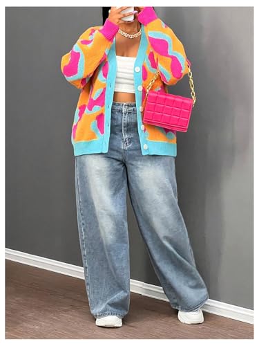 Women's Y2k Button Down Cardigan Sweaters Colorblock Crew Neck Long Sleeve Knit Outerwear3