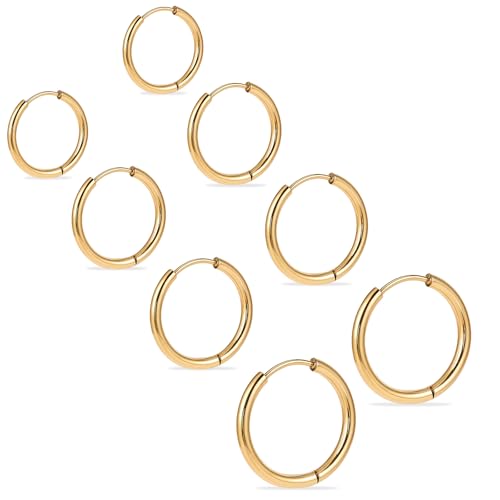 Small Hoop Earrings Set, 8 Pcs Surgical Steel Hoop Earrings, 10/12/14/16mm Gold Hoops Earring for Men Women Boys Girls(Gold)
