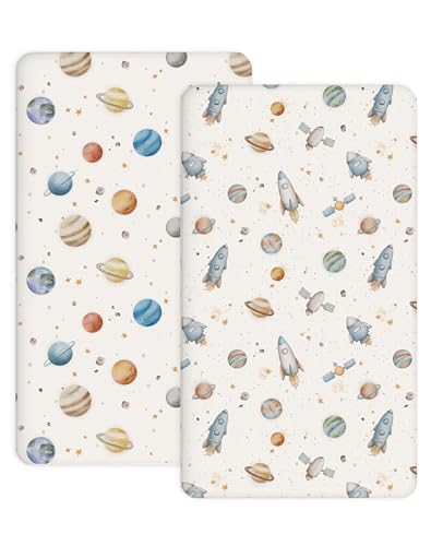 Image of Pack and Play Sheets 2 Pack, Fitted Jersey Knit Mini Crib Sheets for Baby Boys and Girls, Compatible with Graco Pack N Play and Mini Crib Mattress (Stellar Adventure, Pack N Play/Mini Crib Sheets)