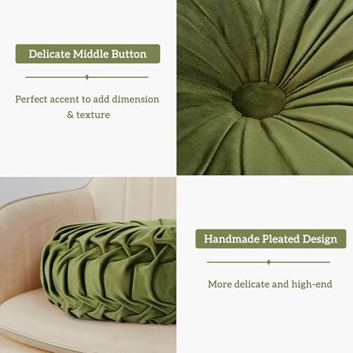 Image of HIG Set of 2 Decorative Round Pleated Throw Pillows, Classy Accent Pumpkin Throw Pillows with Center Button, Vintage Velvet Floor Pillows for Sofa Couch Vanity Chair Bed, Olive, 14.5 inch Diameter(Ripple)