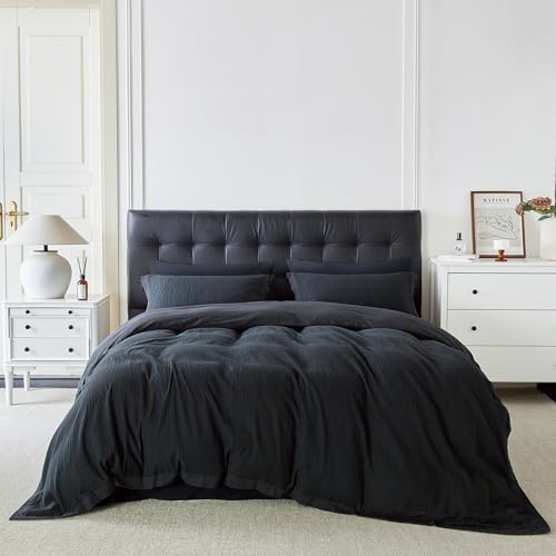 YuHeGuoJi Black Jacquard 100% Cotton King Duvet Set