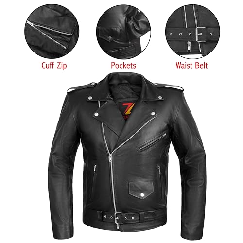 Image of Motorcycle Leather Jacket With Belt Motorbike Biker Classic Rider Rocker Made of Black Genuine Cowhide Leather