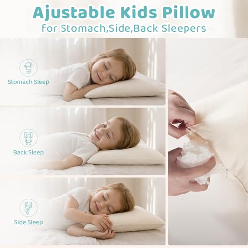 Image of Adjustable Kids Pillow for Ages 4-12 with Organic Cotton Shell(2 Pack) | 16x22 Youth Pillow, CPSC and OEKO-TEX Certified, Hypoallergenic, Machine Washable, Bedroom, Preschool Nap, Camping