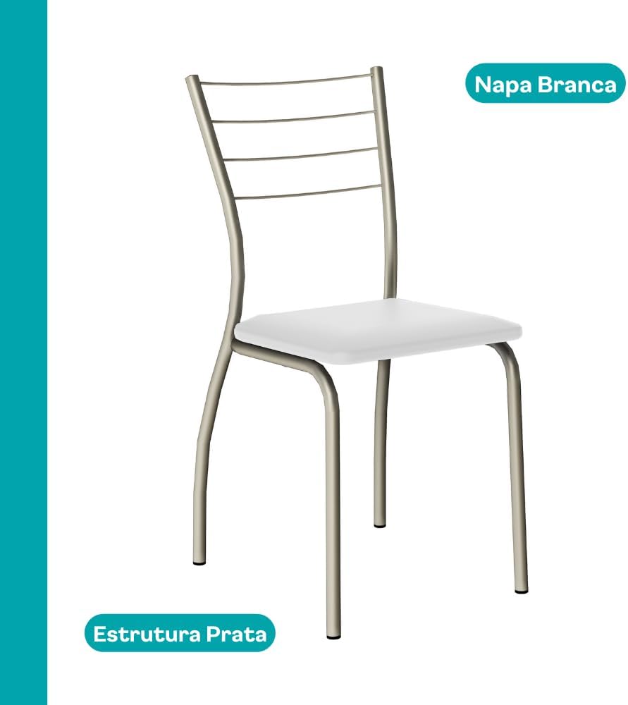 Cadeira do conjunto Tallim com estrutura prateada em aço pintado e assento estofado em napa branca, vista em fundo branco.