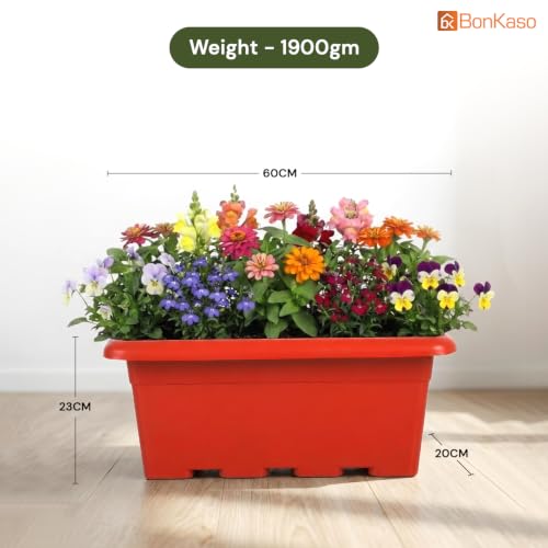 Image of Bonkaso 24 Inch Rectangular Planter, Set of 3 |UV Resistant Plastic Flower Pot for Balcony Railing, Window Sill & Terrace Garden | Rectangular Indoor & Outdoor Plant Pot, Terra Red