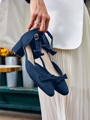 Coutgo Womens Chunky Low Heels Bow Closed Toe Ankle Strap Pumps Elegant Wedding Party Dress Shoes2