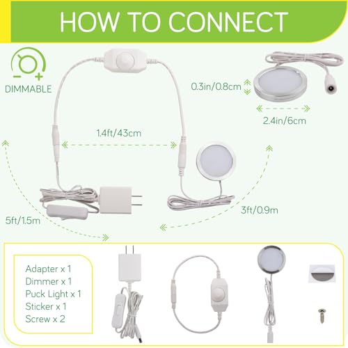 Image of Under Cabinet LED Puck Lighting, Single Light for Hutch Bookcase Display Shelf Lighting, Rotary Dimmer Switch, 120VAC Plug in, White Cord, Warm White