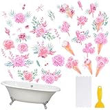 HOMMDECO Rutschfeste Badewannen-Aufkleber, 6 Stück, grüne Pflanzen und Blumen, Badewannenaufkleber, rutschfest, selbstklebend, mit Schaber für Badewanne, Treppe, Dusche, Boden