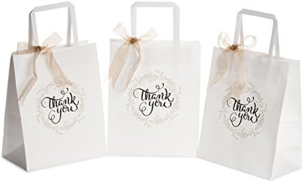 OSpecks 50 Pcs Count Wedding Gift Bags, Medium Size Bags 8 x 4.75 x 10 inch Thank You Paper Bags, Premium White Kraft Paper Bags with Handle for Weddings, Receptions, Business, Parties, Craft Fairs and Events
