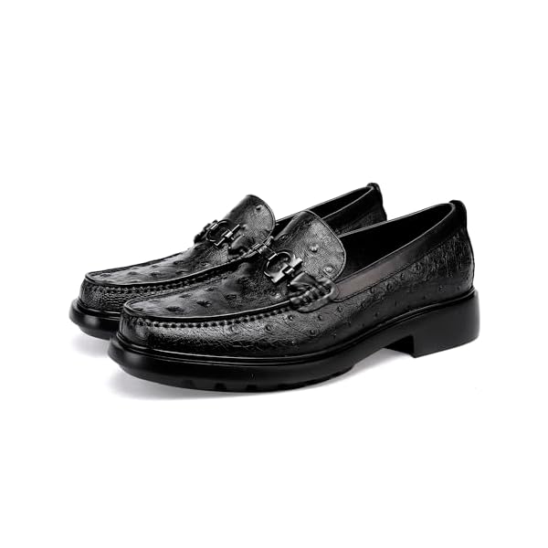 Luxury Men's Genuine Leather Dress Shoes Classic Fashion Ostrich Patterned Business Shoes Party Buckle Penny Loafer for Men, Black - Image 7
