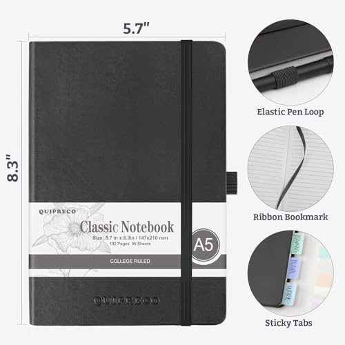 joibabe Notizbuch liniert A5,Journal Buch mit 196 Seiten,Premium 100gsm Tintenfestes Papie Dickes,PU Hard Cover Notebook,Innentasche,Elastisch Gebändert,bullet journal & Notizblock Hardcover-Schwarz