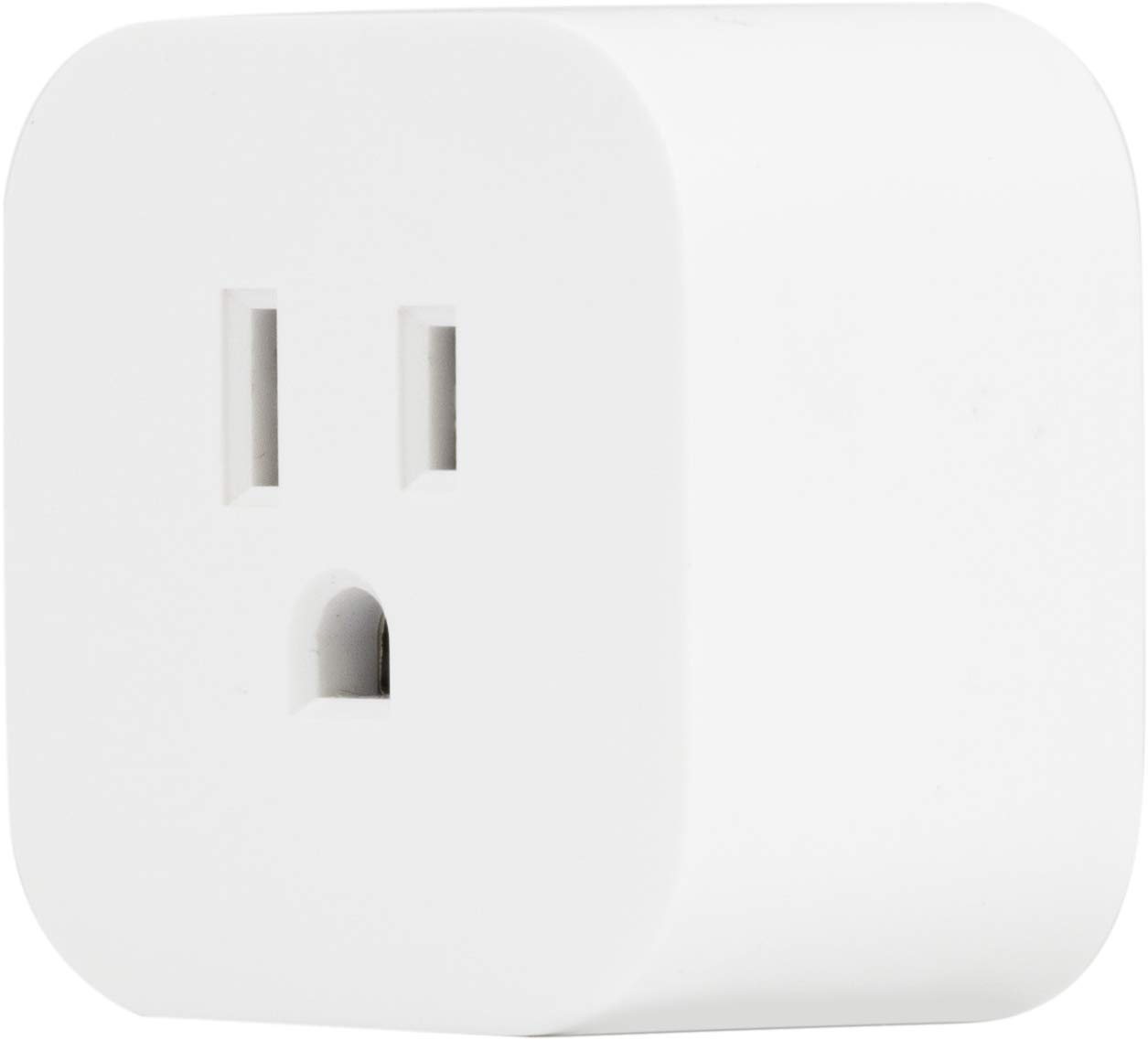 posterior view of a single Enbrighten Wi-Fi Smart Plug, white, showing the two flat prongs and one round grounding prong.