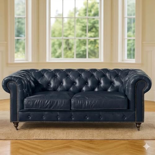 Image of Modern Classic Design Leatherette Luxury Chester Sofa Set with Button Tufted, 3+2+1=6 Seater Sofa for Living Room Home, Office and Lobby (Blue, 3+2+1=6 Seater Sofa)